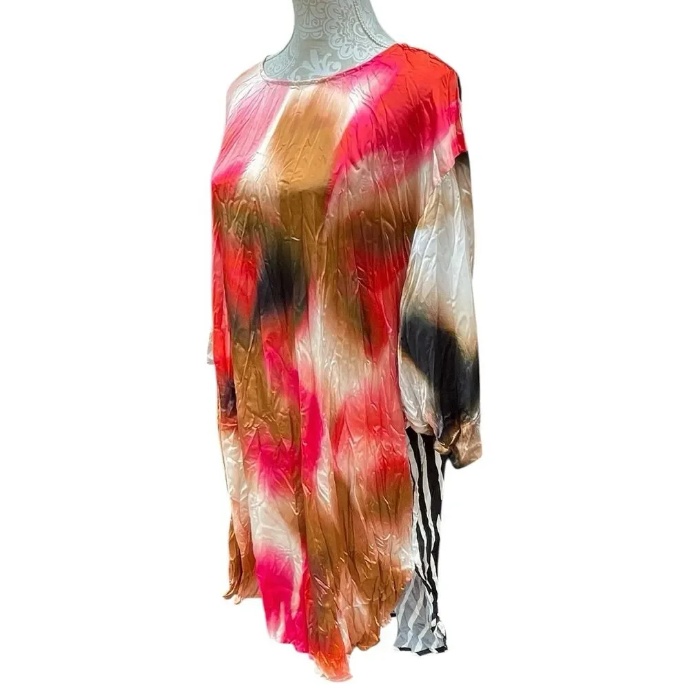 Alembika Oversized Tunic Dress XS Crinkle Satin Abstract Butterfly Art to Wear